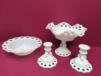 4 pieces Vintage Milk Glass: 3 piece console set by Westmoreland and a 9 1/2" dia. vegetable bowl, The Console bowl is 9 3/4" D x 7 1/2" t candle holders are 4 1/4" T