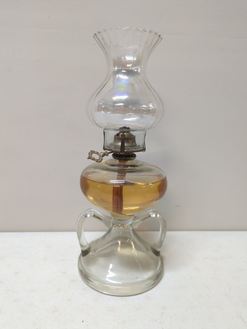 Antique double handled oil lamp: has contemporary chimney 17" Tall good condition