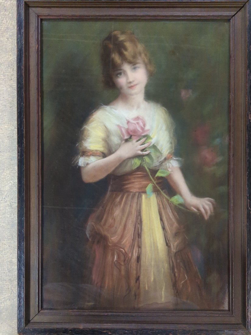 Early Antique Pastel portrait of lady on canvas: Some water stain at bottom right 22 1/4" W x 32 1/4" T signed possibly Leon Gilbert signature is vague