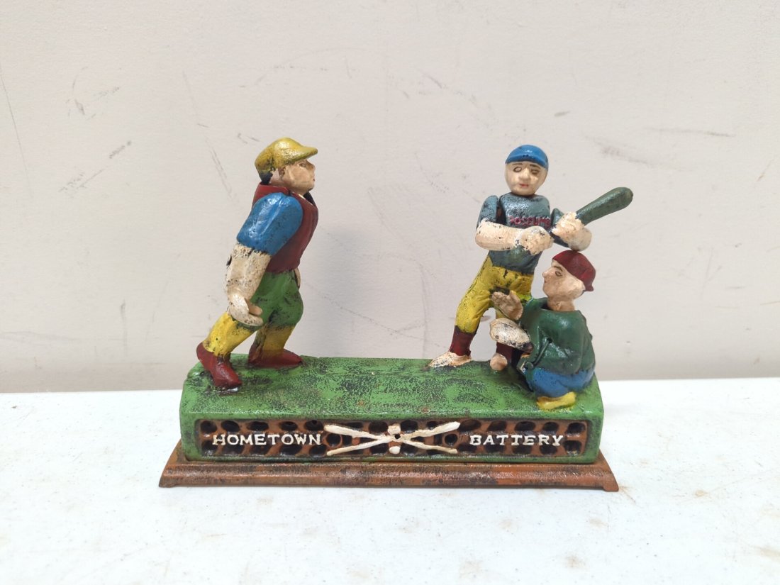 Cast Iron Mechanical Bank: Baseball Action 9" L x 2 1/2" W