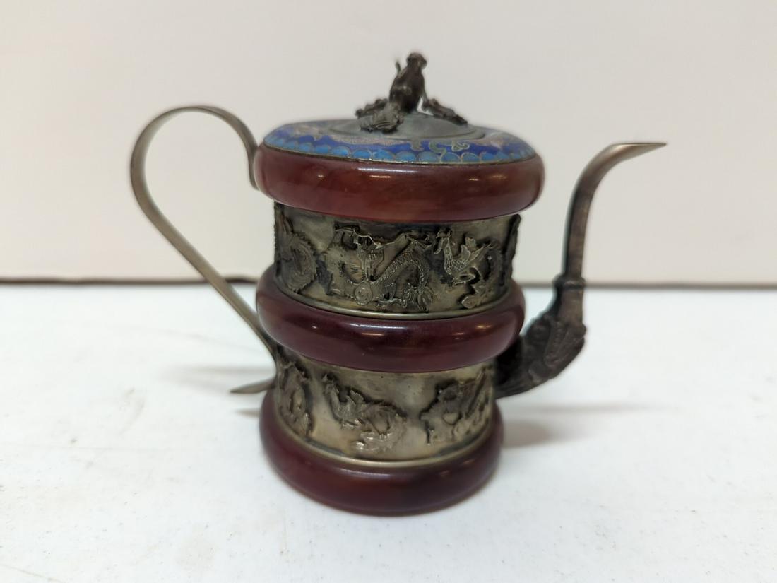 Antique Chinese Teapot, Metal, Carnelia & Cloisine (1 of 5)