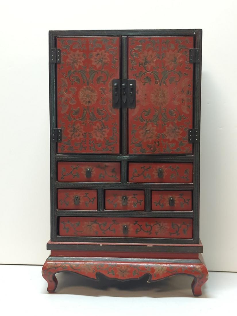 Asian Red lacquer carved design accent cabinet (1 of 5)
