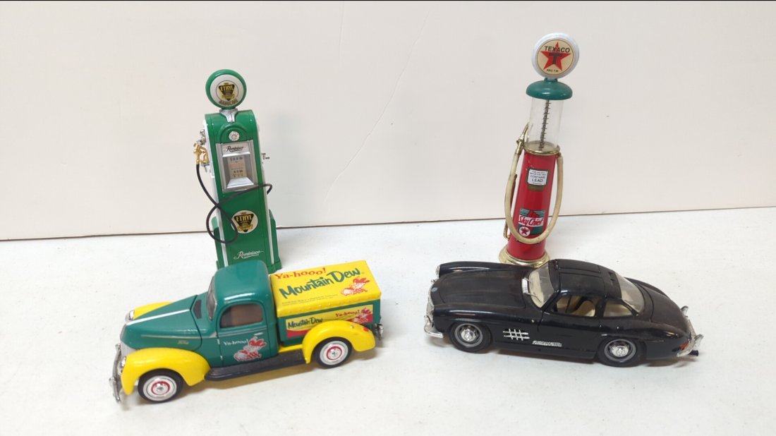 2 Diecast gas pumps, 1 diecast truck & 1 car (1 of 3)