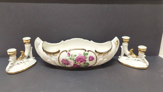 Vintage Royal Kohl China Centerpiece Console Bowl & 2 Double Candle Holders