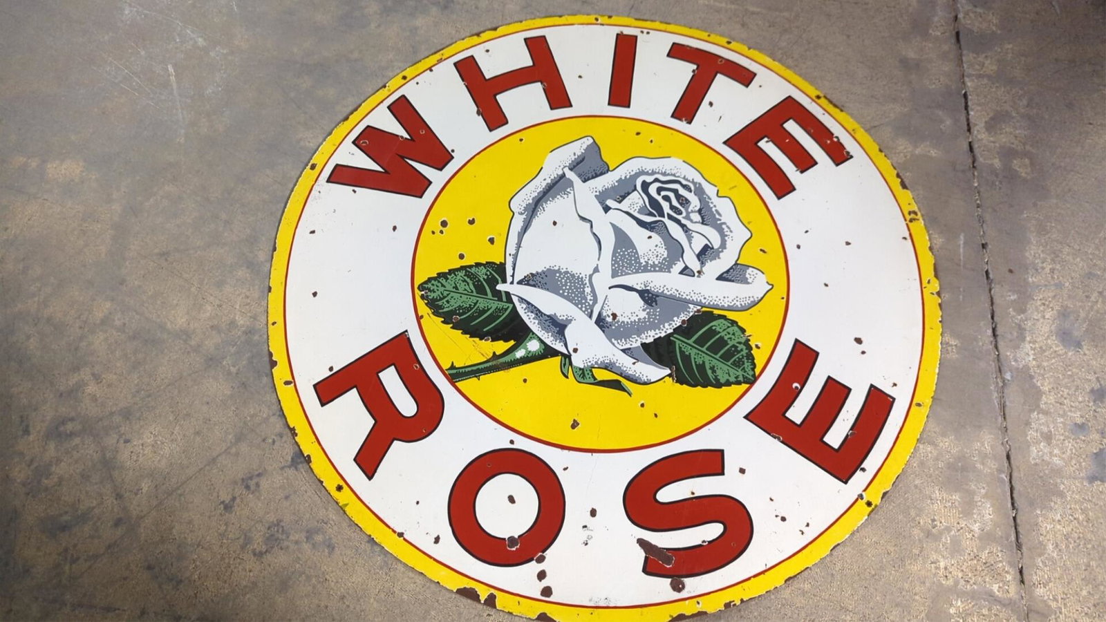 48" White rose Gasoline Double Sided Porcelain sin: Minor chips, rust and corrosion on interior and edges