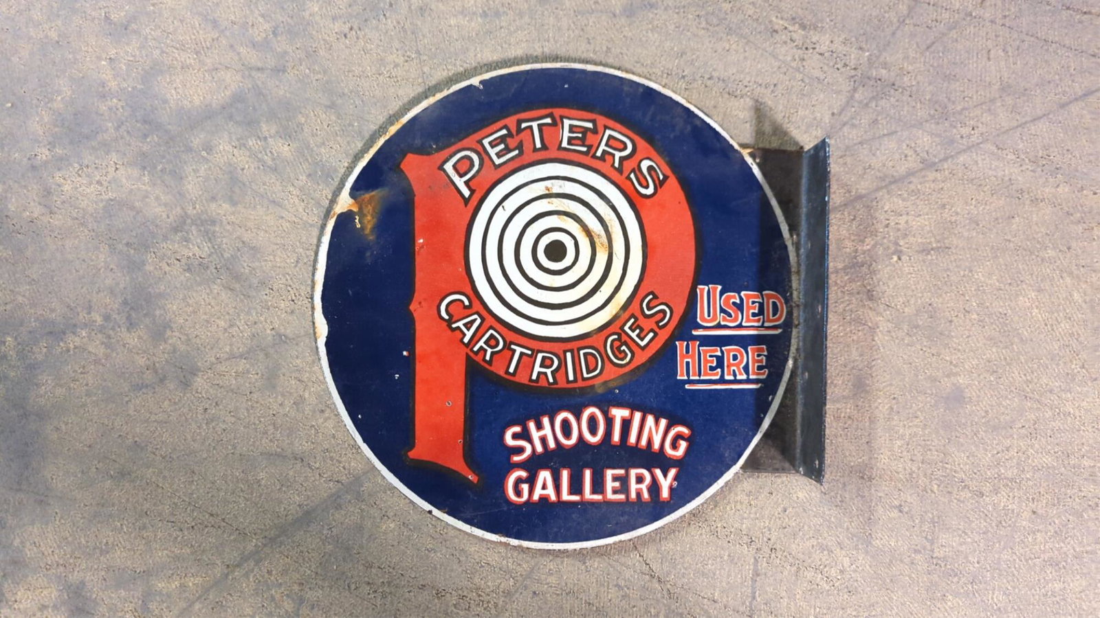 Peters Cartridge & shooting Gallery flange sign: Porcelain 15" x 15" minor rust and corrosion