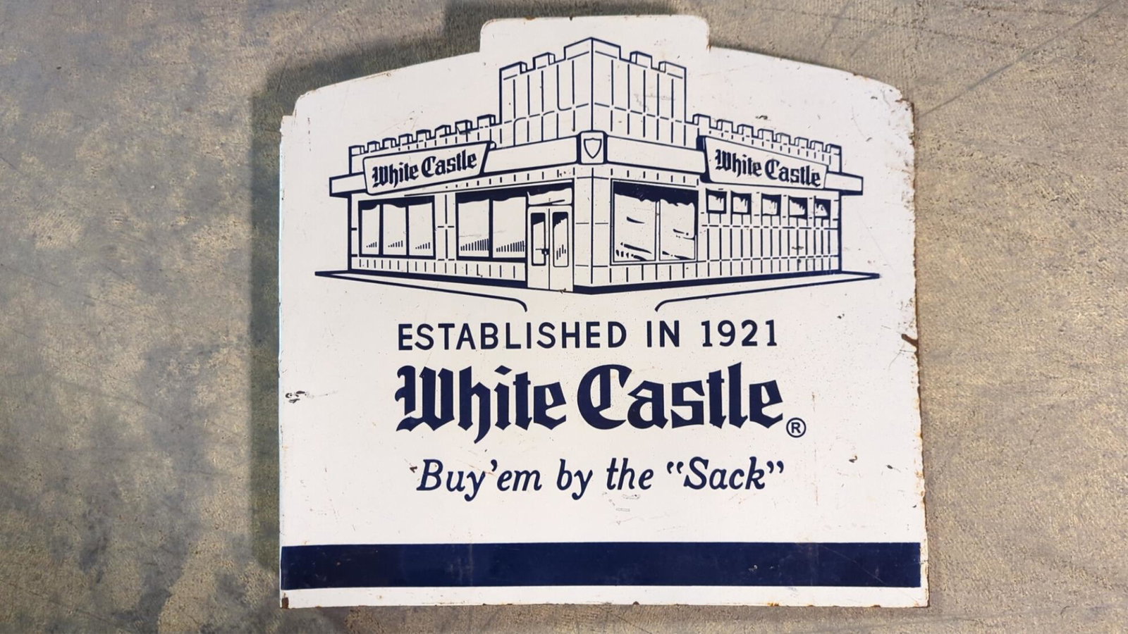 White Castle Flange double sided porcelain sign: minor rust and corrosion and some dents and dings interior 24" x 22"