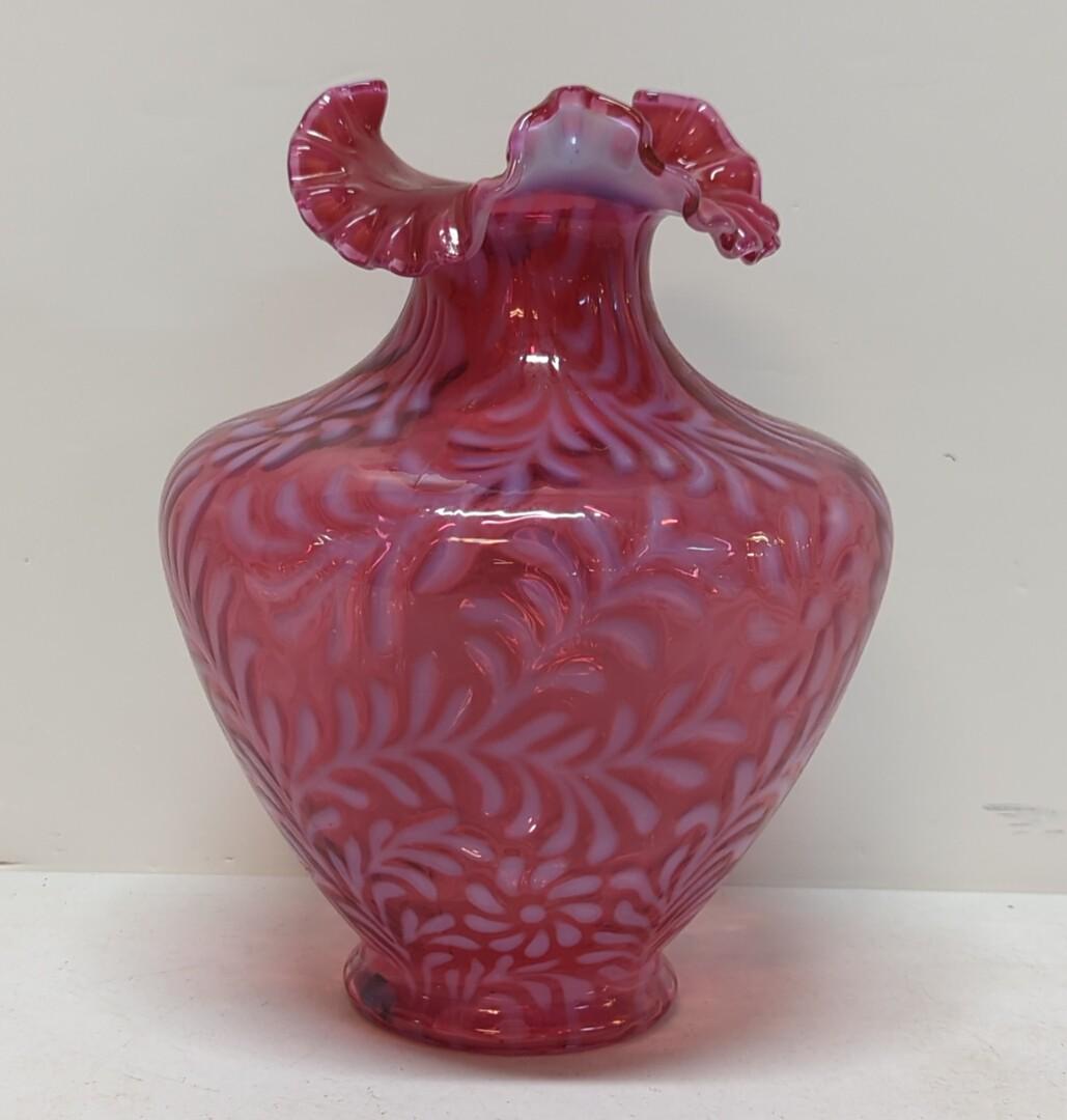 Fenton Cranberry Opalescent Daisy & Fern vase: Ruffled top marked Fenton on bottom good condition NO chips or cracks 11" tall