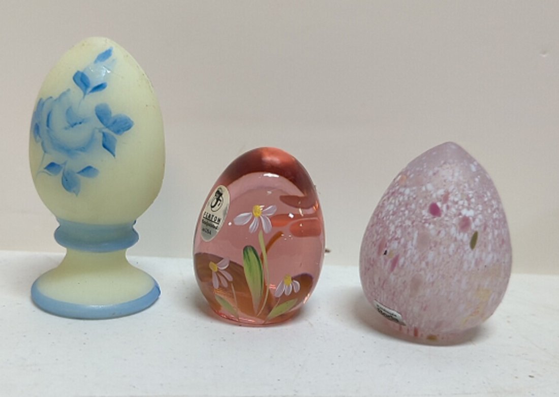 (3) Glass Eggs - (2) Fenton & (1) Boda Sweden: (a) Blue & White 3 1/2" Tall, (b) Rose Colored Floral 2 1/8" Tall artist signed (c) Boda Sweden speckled egg 2 1/2" Tall