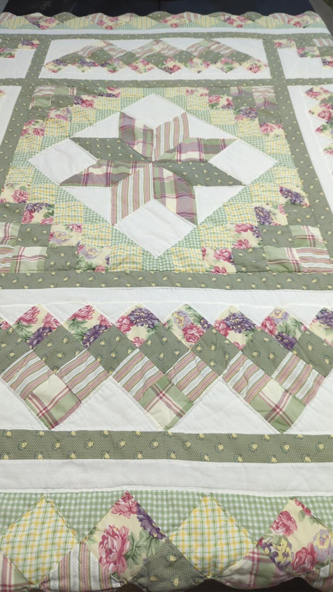 hand made green white lg. star floral quilt (1 of 2)
