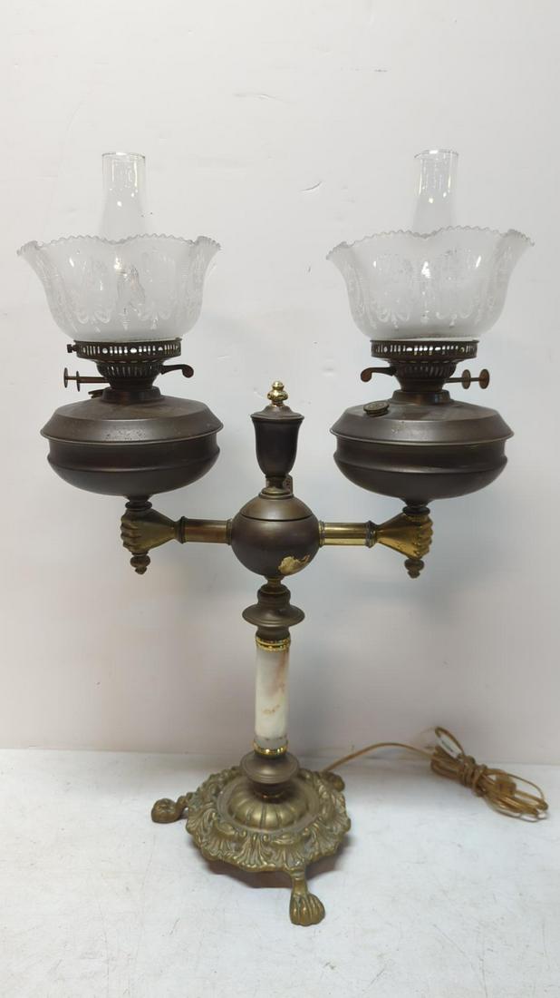 Antique brass & Onyx double lamp electrified (1 of 5)