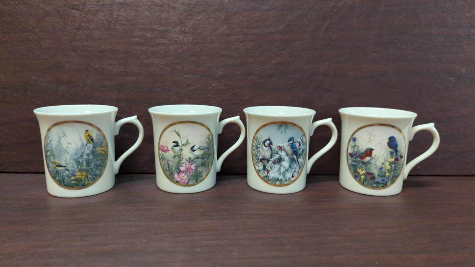 (4) 1994 Lenox Nature's Collage Mug Collection: Winter Song, Golden Splender, RoseMorning and Summer Interlude all good condition 3 5/8" T