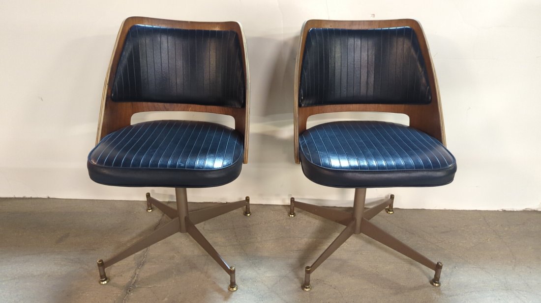 (2) Mid Century B. Brody Swivel Chairs: Walnut Bentwood with striped black vinyl seats and back metal base 18 5/8"W x 30 1/2" T x 17 3/4" D