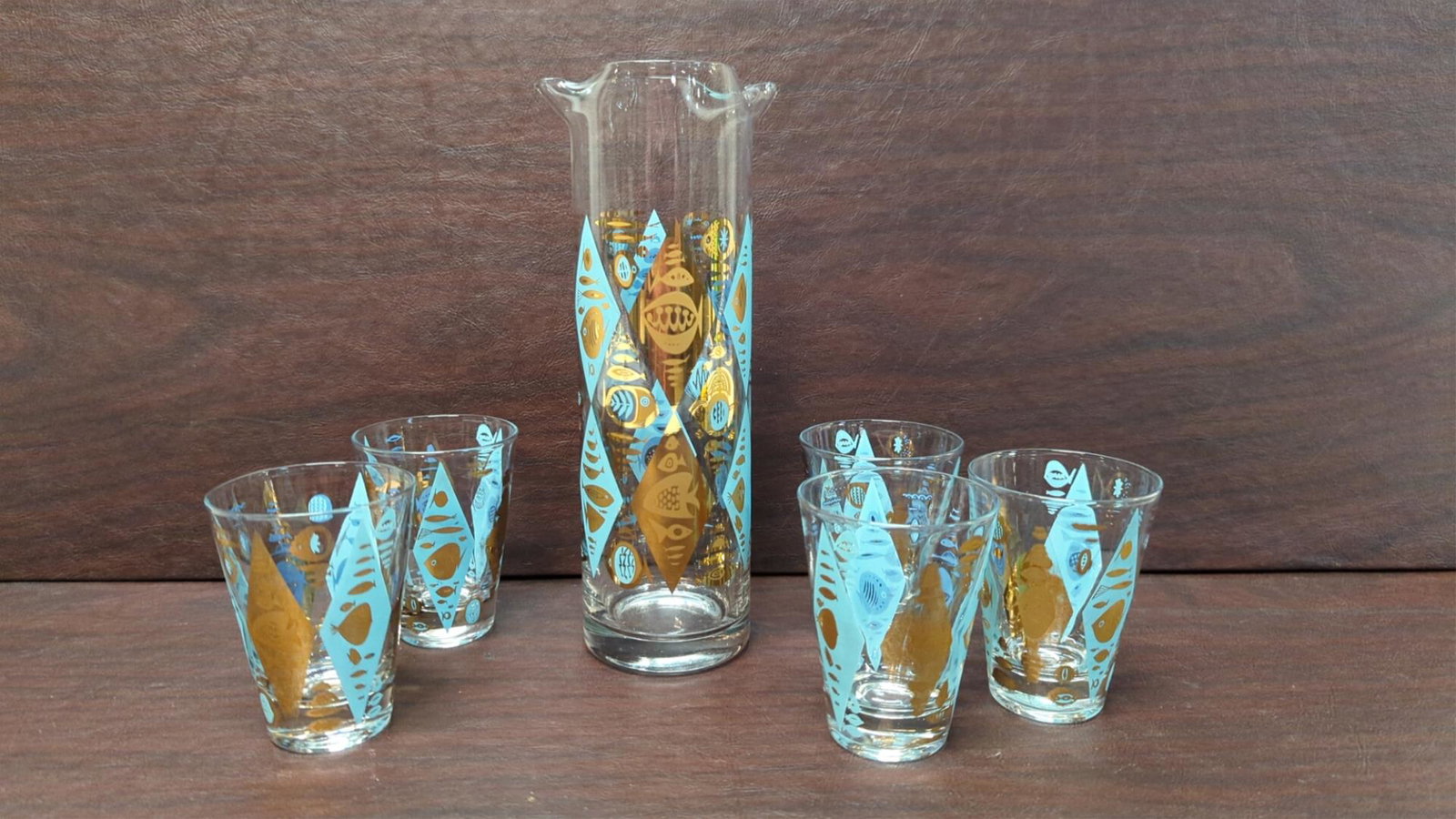 6 pc. Mid Century barware wi/ double spout pitcher (1 of 2)