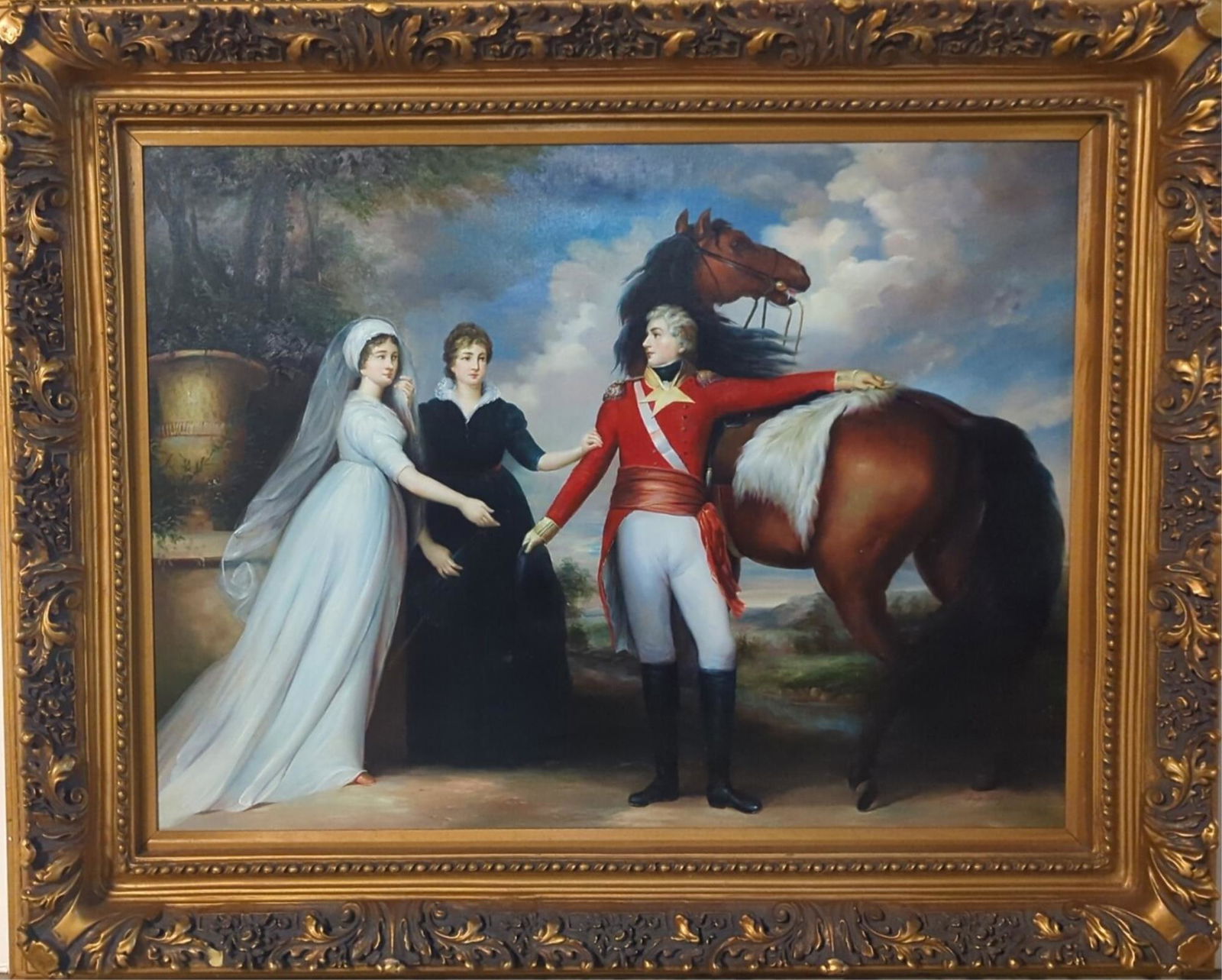 Lg. oil on canvas of Colonel William Fitch &Sister: Sisters are Sarah and Ann Fitch image is 30" x 40" Frame is 52 1/2" W x 42 1/2" Tall signed Roy / Ray Loyd after John Singleton Copley
