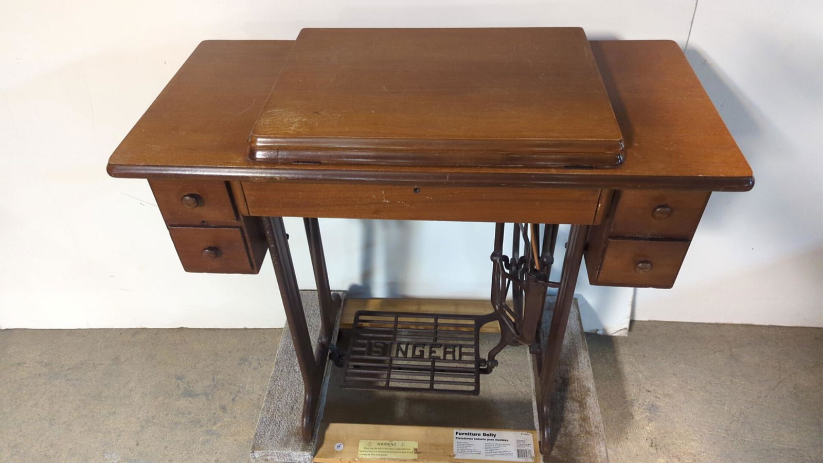 Vintage Singer Sewing Machine: includes keys to all drawers, bobbins and extra belt 34" x 16" x 31" T