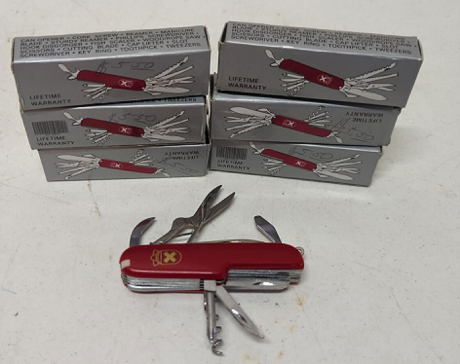 (6) Swiss Army style Syrvuvak sport knife: 10 blades 3 1/2" L