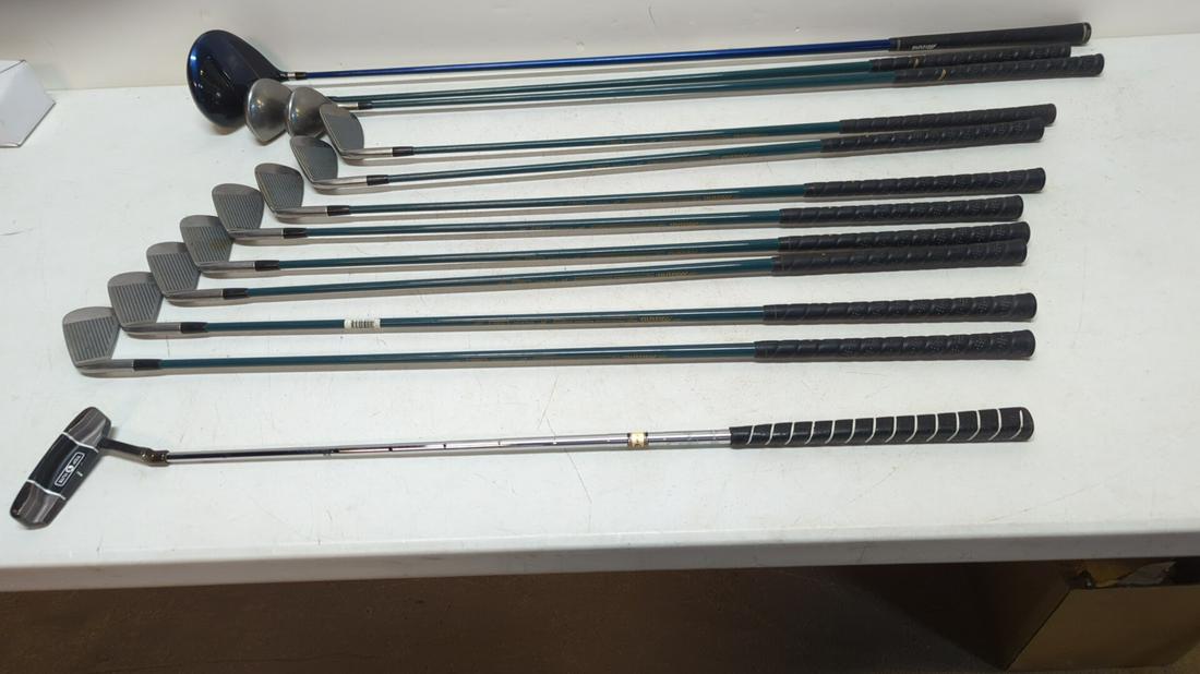 Set of mizuno ladies golf clubs in OGID bag: # 4 thru 9 irons with Graphite shafts and are Shadow oversize, Pitching Wedge, Sand Wedge also with Graphite shafts, (3) drivers #560 , # 3 iron and # 5 and are all Shadow one over size and Graphite s