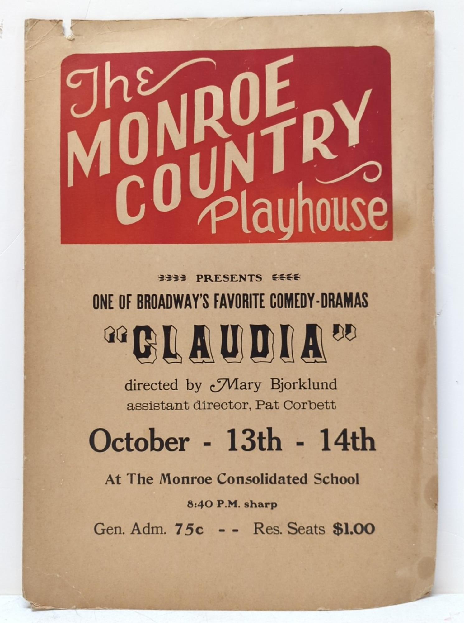 Vintage "Monroe Country Playhouse" cardboard postr: Corners are a little rough and 1 small hole at top left edge 20" x 14"