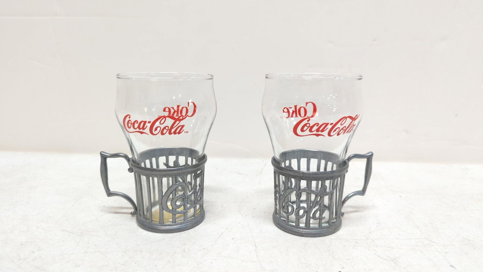 Pair Vintage 1985 Coca Cola Glasses & Holders: 5" Tall good condition Made by Coca Cola Co.,