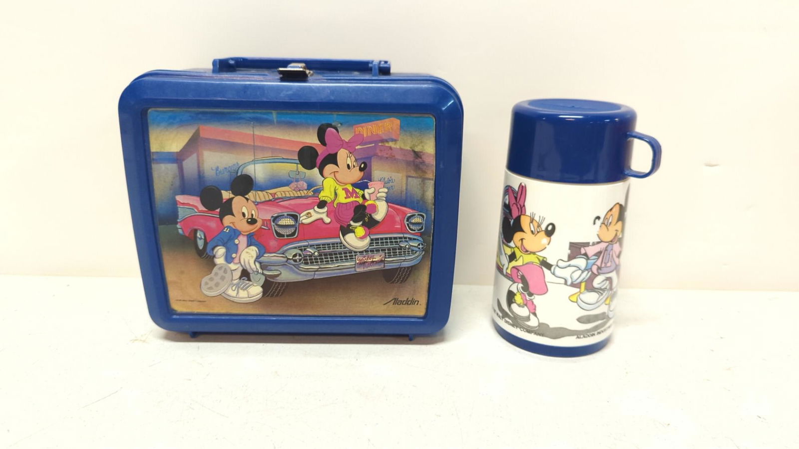 Vintage Disney Mickey & Minnie Mouse Lunch box: Plastic box with Thermos Aladdin Ind., 8 1/2" W x 8" T x 4" D good condition