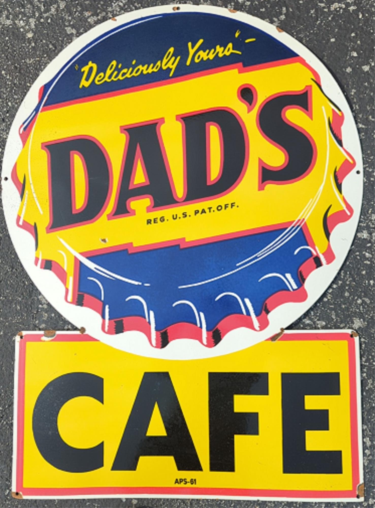 48" Porcelain Dad's Root Beer Cafe Sign: single sided some dings and corrosion to perimeter interior looks good