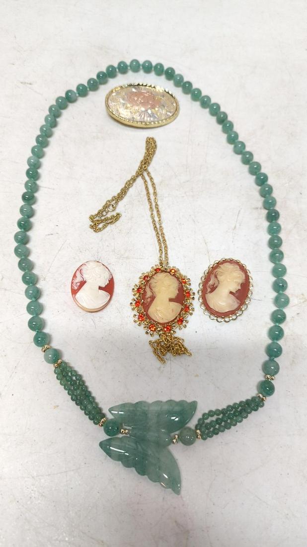 Jade necklace, 3 costume cameos, 1 belt bucklr: all good condition