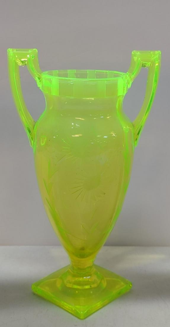 Art Deco Tiffin Vaseline Trophy Vase: Etched with double handles 11 1/4" T good condition