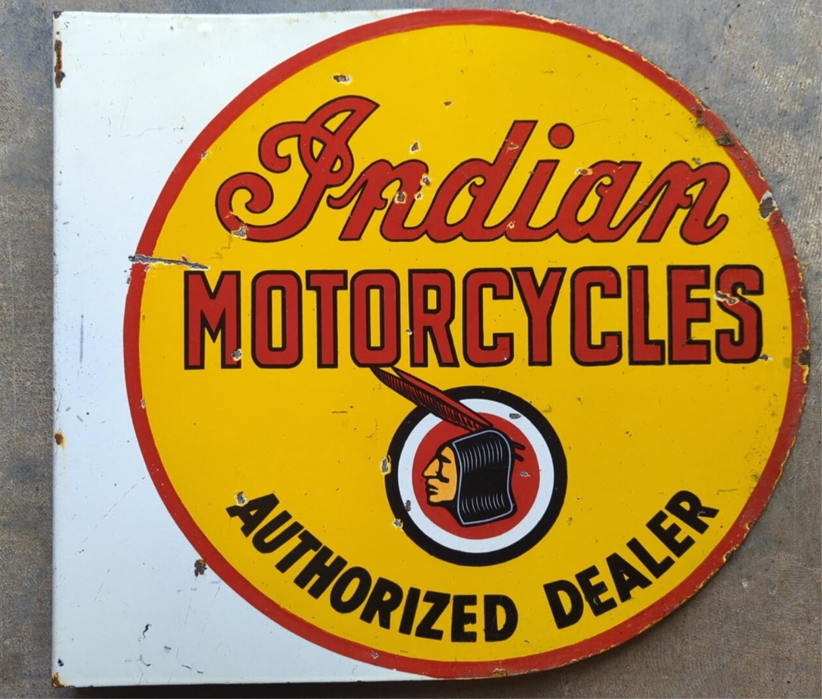 24" Porcelain Indian Motorcycles Dealer flange sin: 24" x 21 1/2" T some dings & corrosion to perimeter and interior