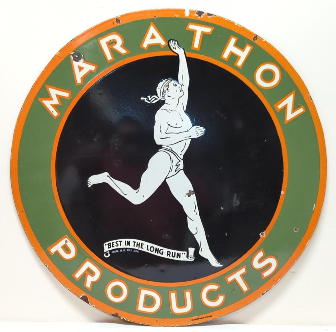 29" Porcelain double sided Marathon Products sign (1 of 7)