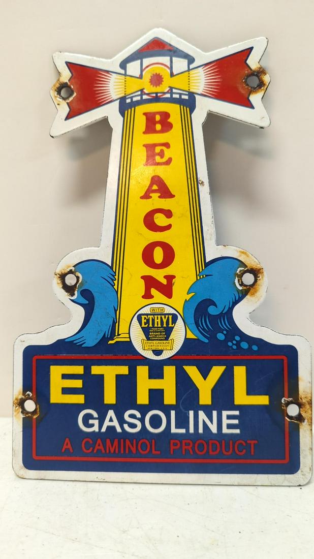 Porcelain Beacon Ethyl gasoline pump badge / Sign (1 of 3)