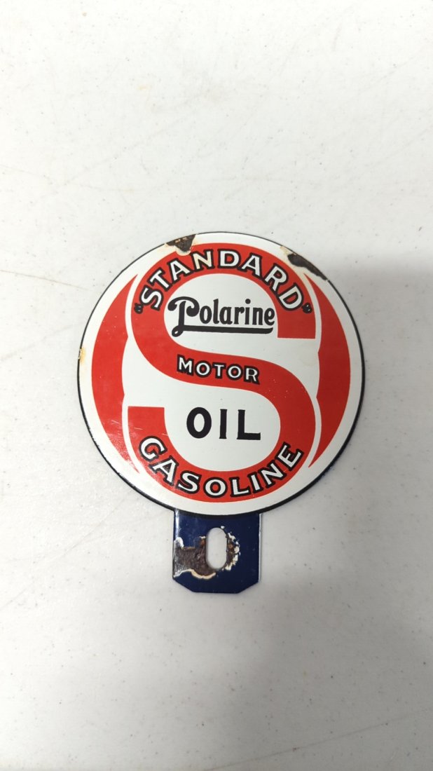 Porcelain Polarine Gas Tag Topper: 5" T x 4" Dia dings at holes and edges