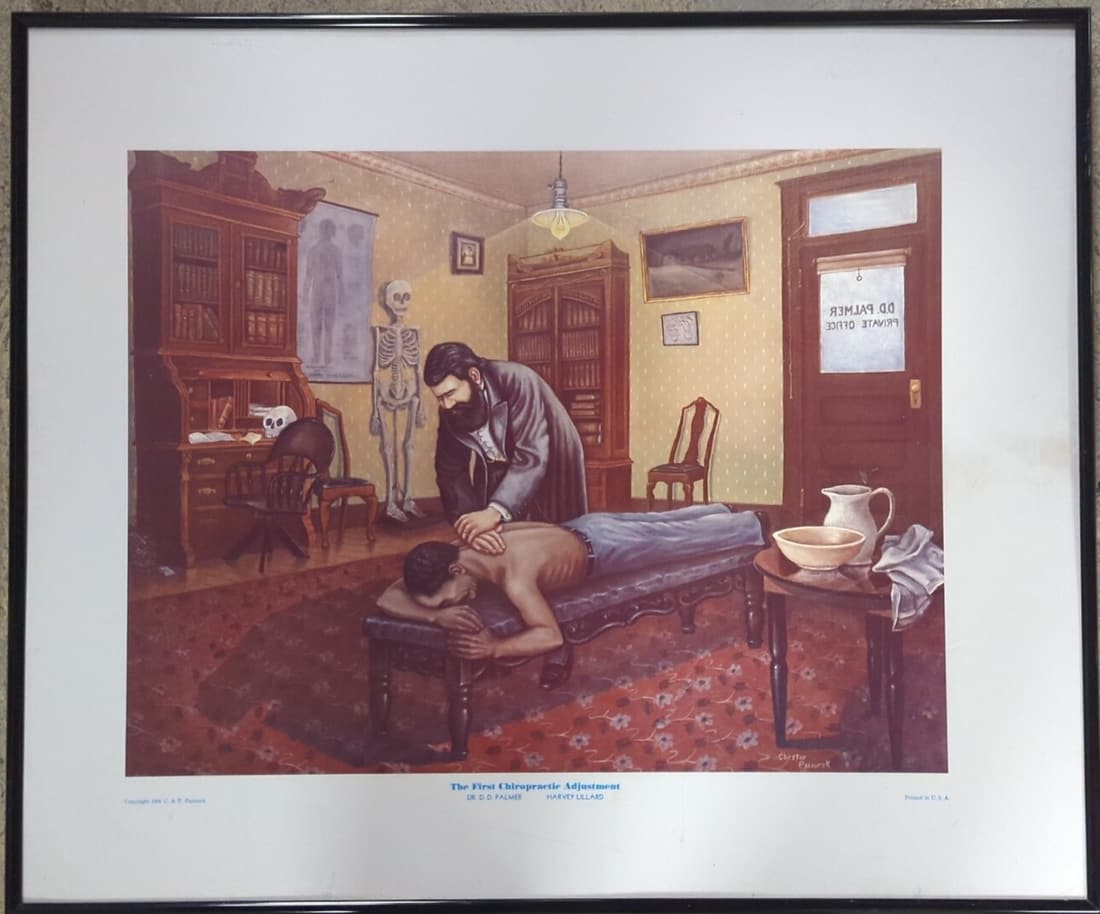 Chester Pacjorek Chiropractic Print: 24" W x 20 1/4" T The First Chiropractic adjustment Dr. G. D. Palmer with Harvey Lillard