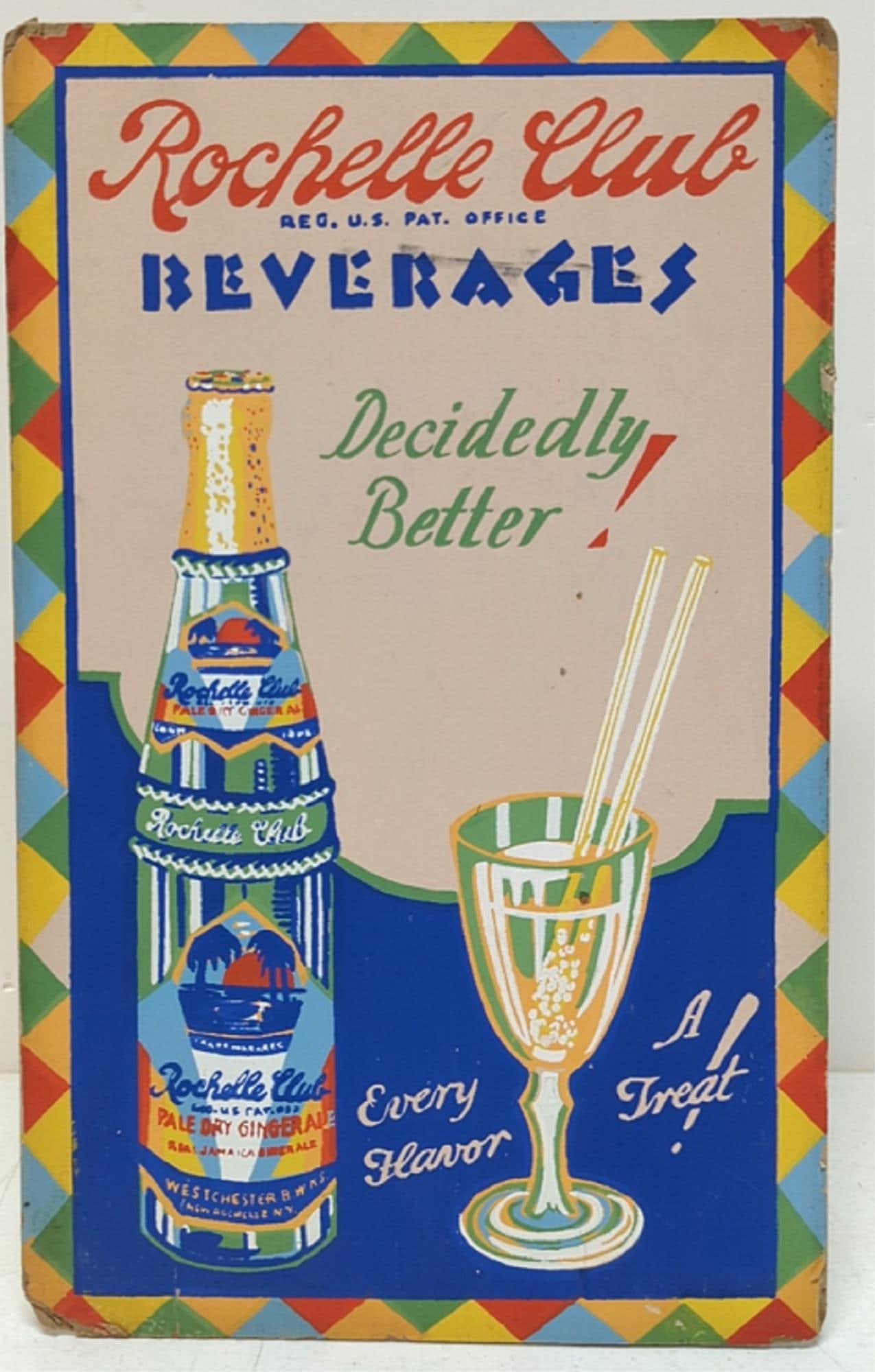 Vintage Rochelle Club Beverage advertising sign: cardboard standup 8 3/4" W x 14 1/4" T Little rough on corners otherwise good interior