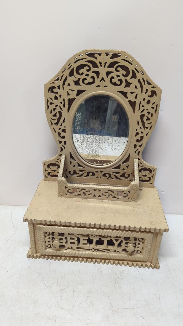 Tramp Art wood dressing mirror with crawer (1 of 3)