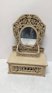 Tramp Art wood dressing mirror with crawer: Carved name Betty some wear Pierced carved 22 1/2" T x 8 1/2" D x 15 1/2" W distressed <orrpr