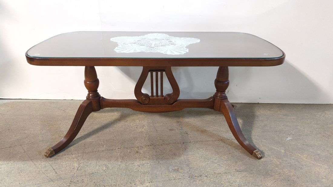 Antique Duncan Phyfe Harp Base coffee table: Brass toes 36" W x 17 1/2" D x 16" T