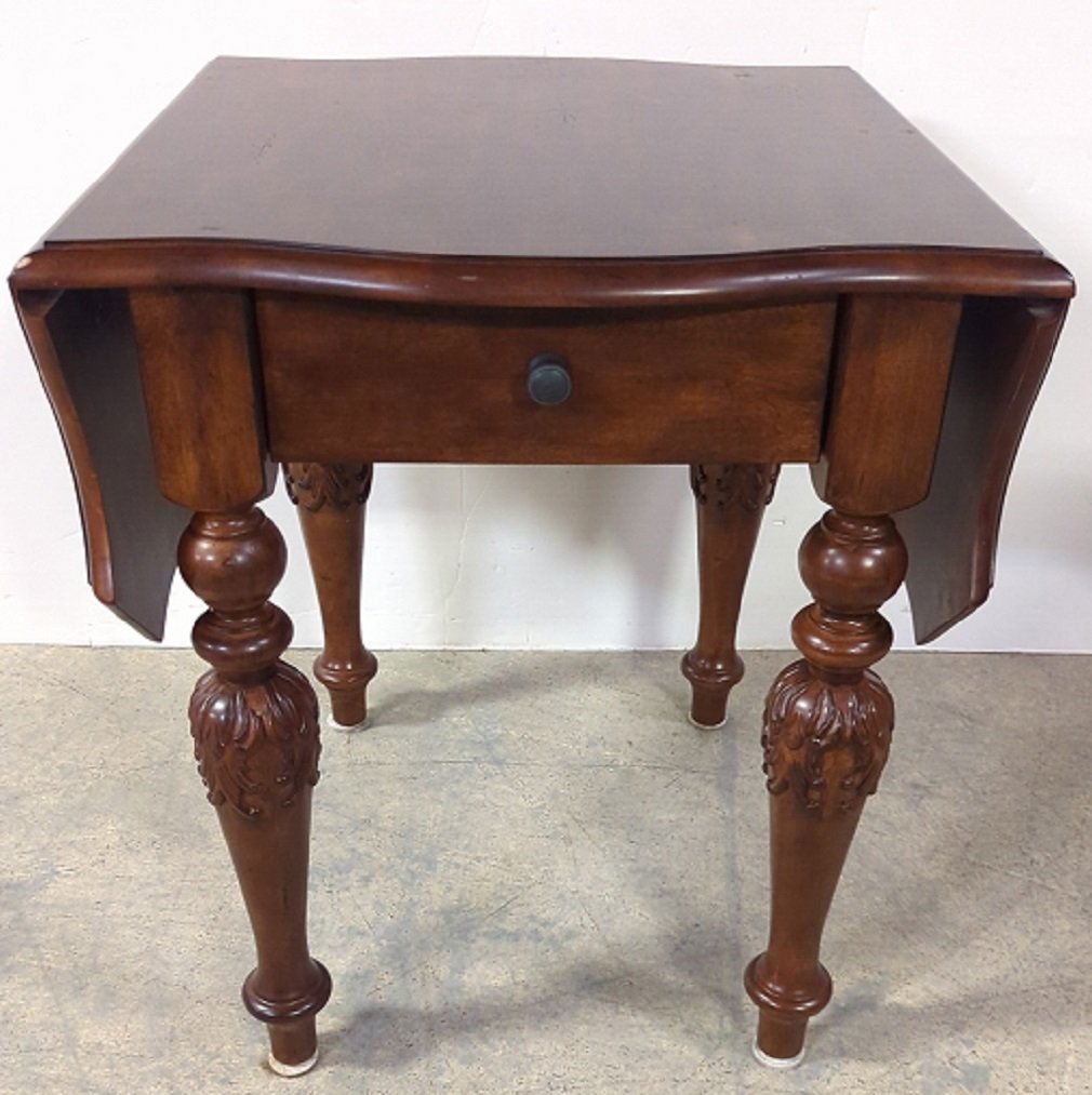Kincaid Drop Leaf side table with drawer: leaves extended measures 46 1/2" Wide 29" T x 27" Deep x 25" Wide (leaves down) small scratch