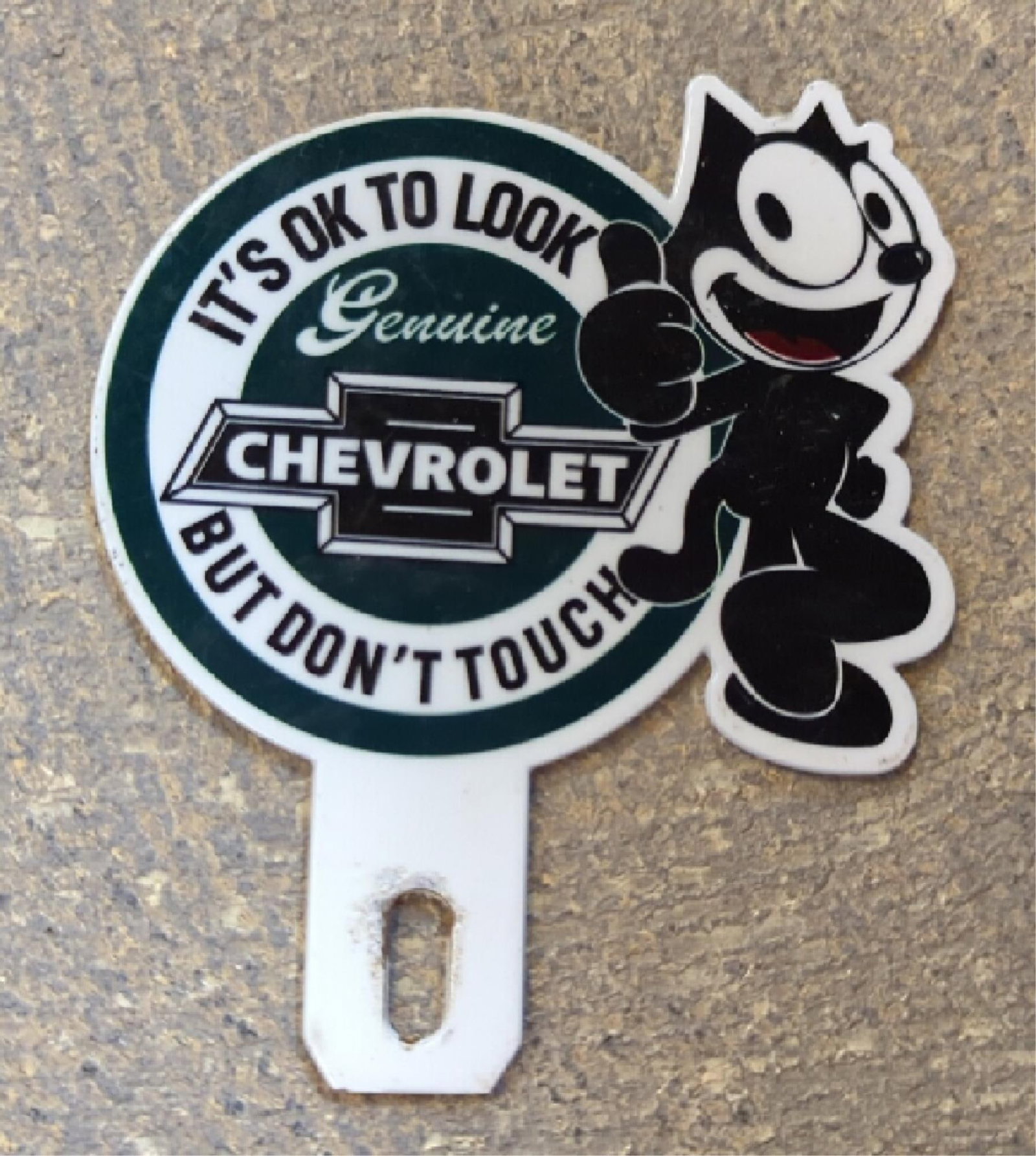 Powder Coated Chevrolet tag topper: 5 3/8" T x 4 1/2" W some dings and rust perimeter and interior "It's okay to look but don't touch"