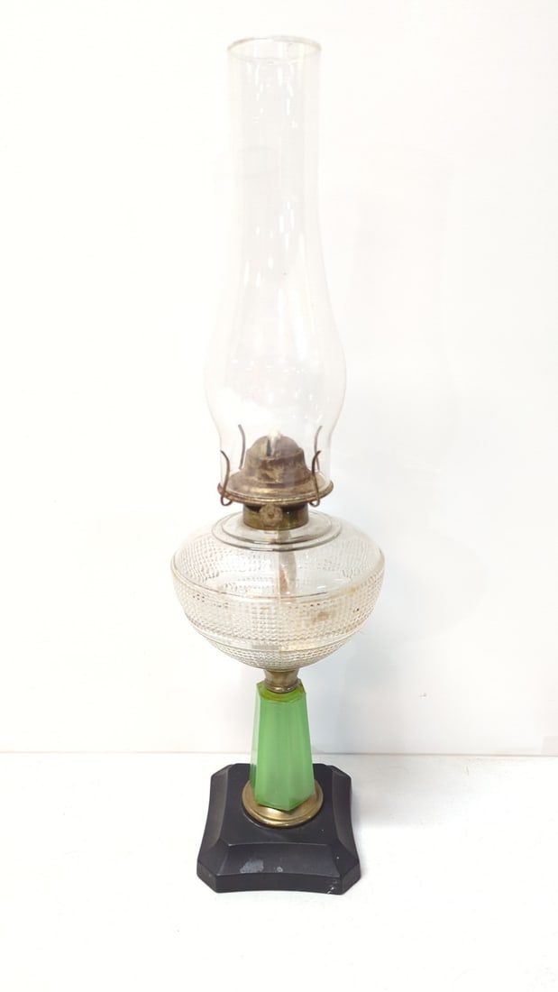 Antique Jadite Green Oil Lamp: 21" T metal base clear glass font good condition