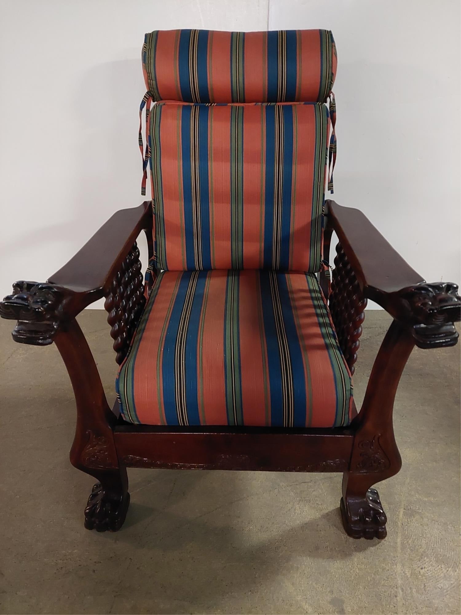 Antique Lionhead carved arm Morris Chair: "first" recliners 41 1/2" T x 27" W x 34" D great condition