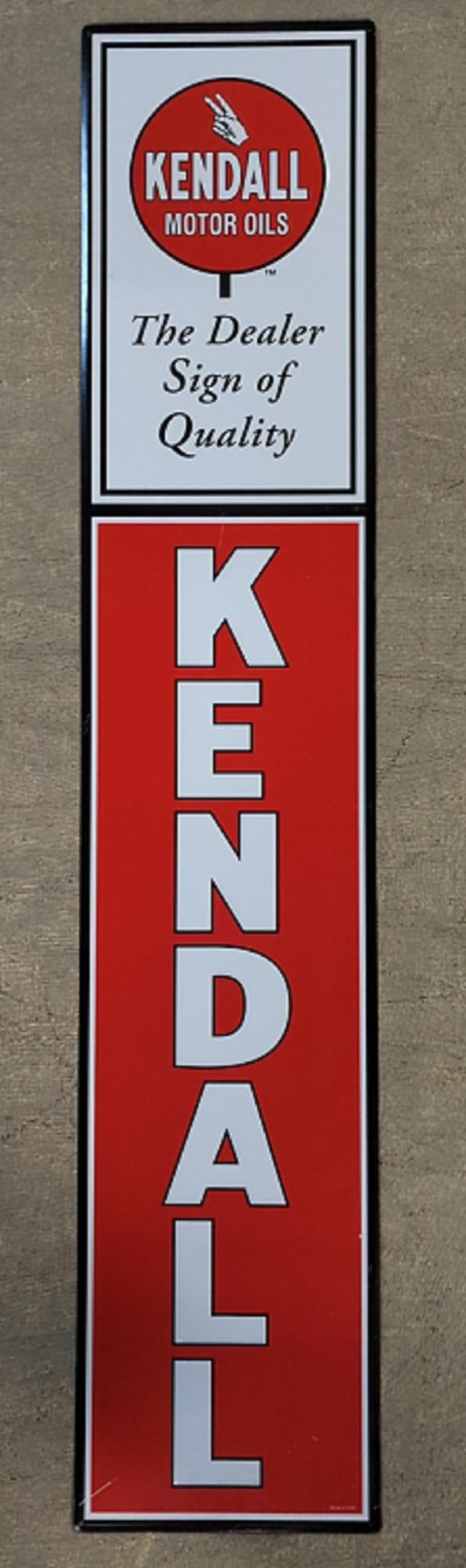 Kendall Motor Oils Embossed Vertical metal sign: single sided good condition 57 1/2" T x 11 1/2" W . . . key words: advertising, petroleum, motor oil, gasoline, gas, service station, gas station,