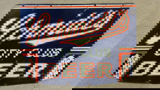Porcelain double sided Schmidt's Beer sign: 36" x 26" dings and corrosion to holes, perimeter and interior