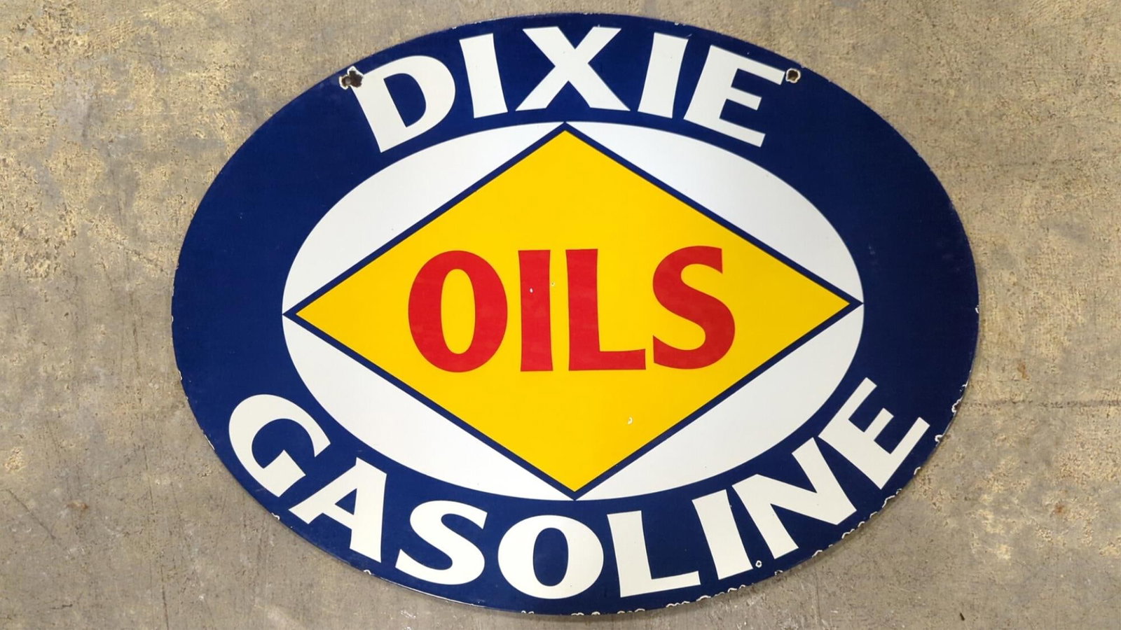 Porcelain Dixie Oil double sided sign: chips arpund edges and small ones in interior 36" x 27"