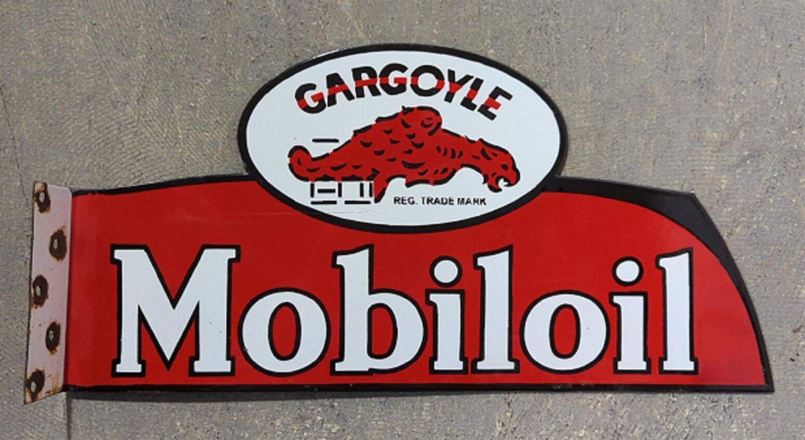 Porcelain Mobiloil Gargoyle double sided sign: Flange 21" W x 10 1/2" T some dings and corrosion to mounting holes couple small dings to interior