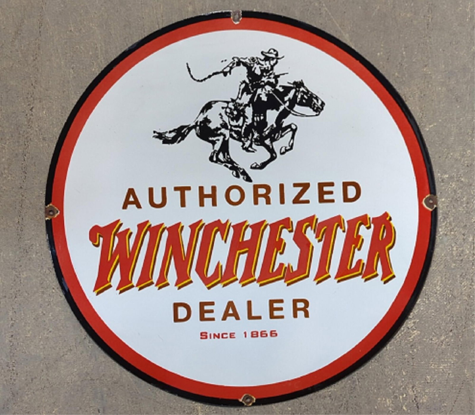 Porcelain Winchester dealer single sided sign: 30" diameter some dings and corrosion to mounting holes Interior looks good