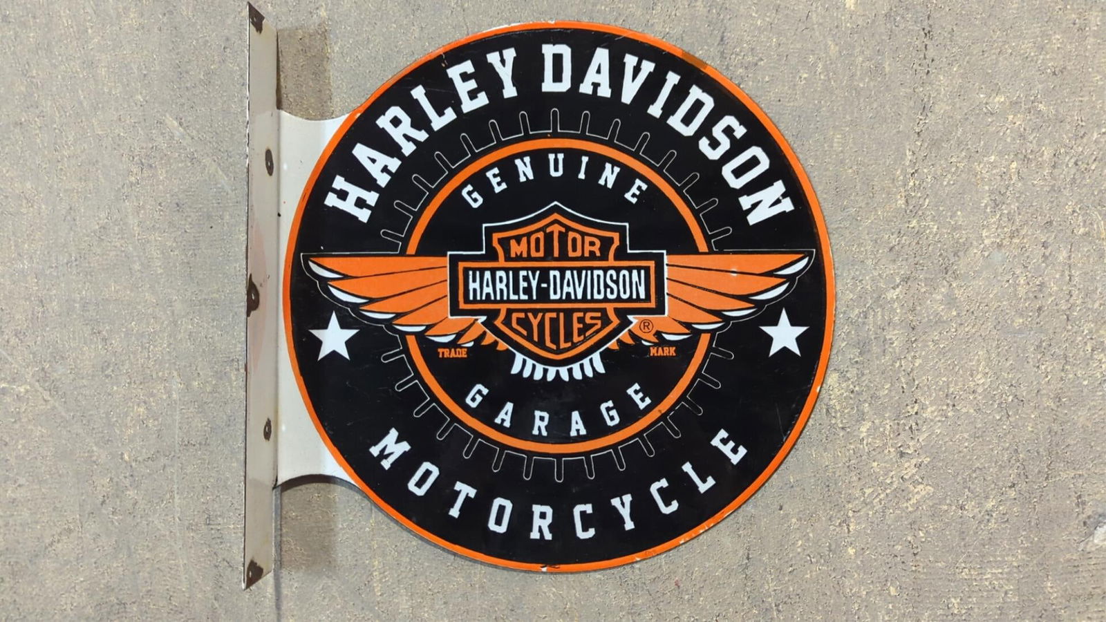 Porcelain harley Davidson Flange sign: double sided 17 1/2" W x 17" T some dings and corrosion at mounting holes interior looks good