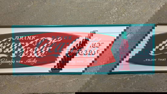 Coca Cola Fishtail embossed metal sign: single sided 28" x 10" excellant condition
