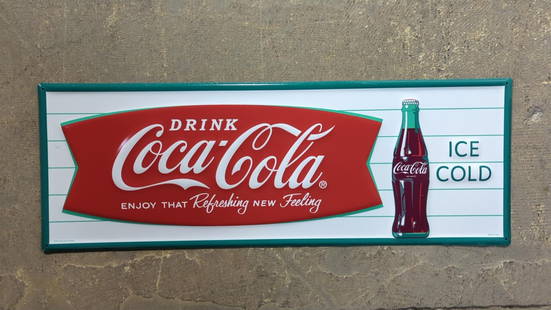 Coca Cola Fishtail embossed metal sign: single sided 28" x 10" excellant condition