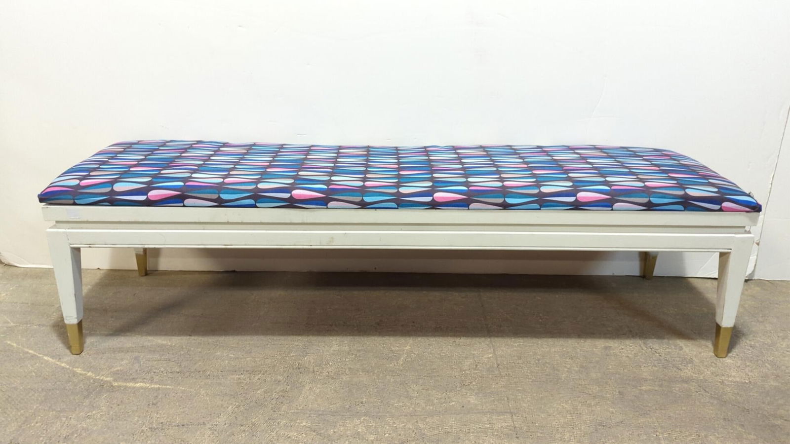 End of Bed Bench by Lane Furniture: White with Brass Caps Mid Century Modern padded seat 64" L x 17" w x 17 1/2" T